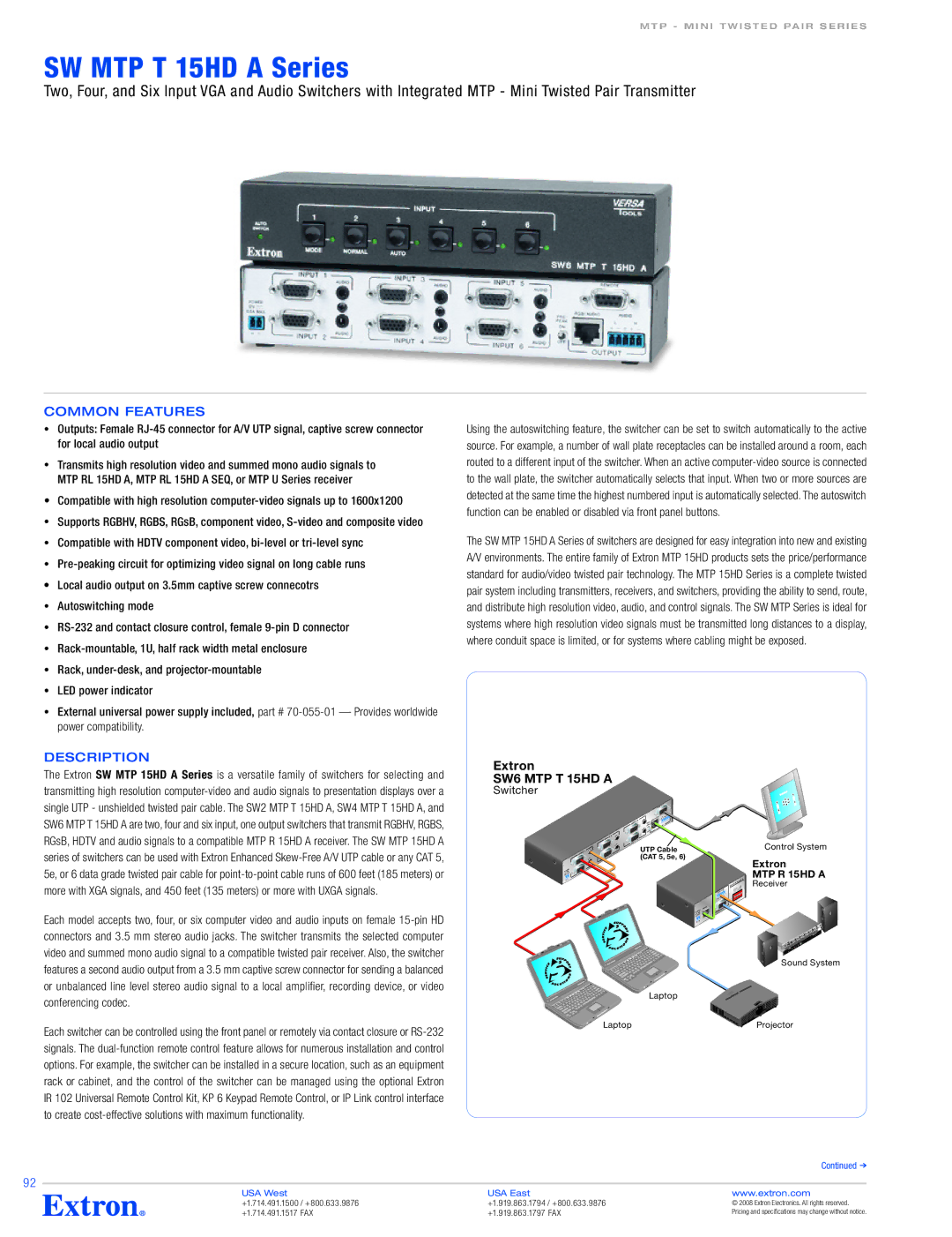 Extron electronic SW MTP T 15HD A Series specifications SW MTP T 15HD a Series 