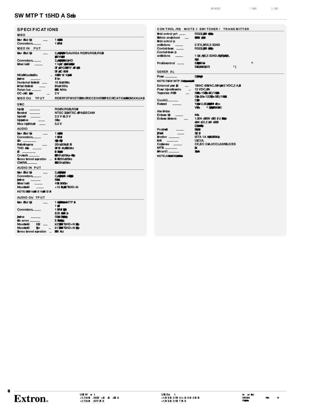 Extron electronic SW MTP T 15HD A Series specifications Video input, Audio input, Audio output, General 