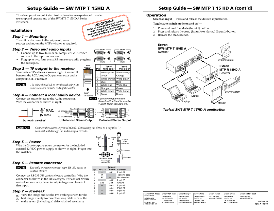 Extron electronic SW MTP T 15HD A quick start Mounting, Video and audio inputs, TP output to the receiver, Power, Pre-Peak 