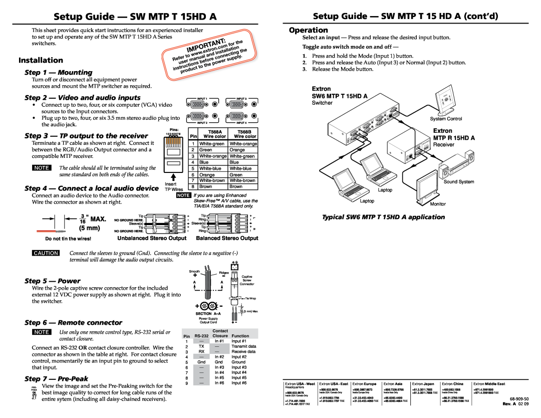Extron electronic quick start Setup Guide -­ SW MTP T 15HD A, Setup Guide -­ SW MTP T 15 HD A cont’d, Installation 