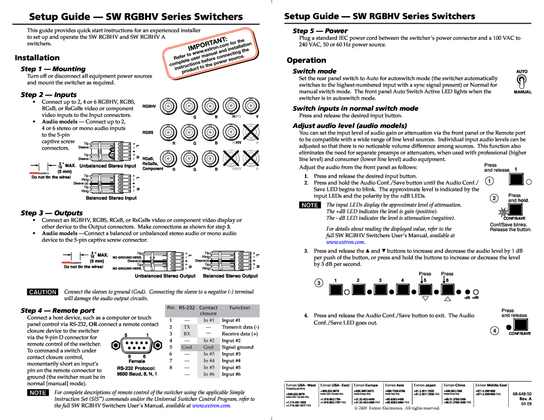 Extron electronic SW RGBHV A setup guide Setup Guide -­ SW RGBHV Series Switchers, Operation, Power, Switch mode, Outputs 