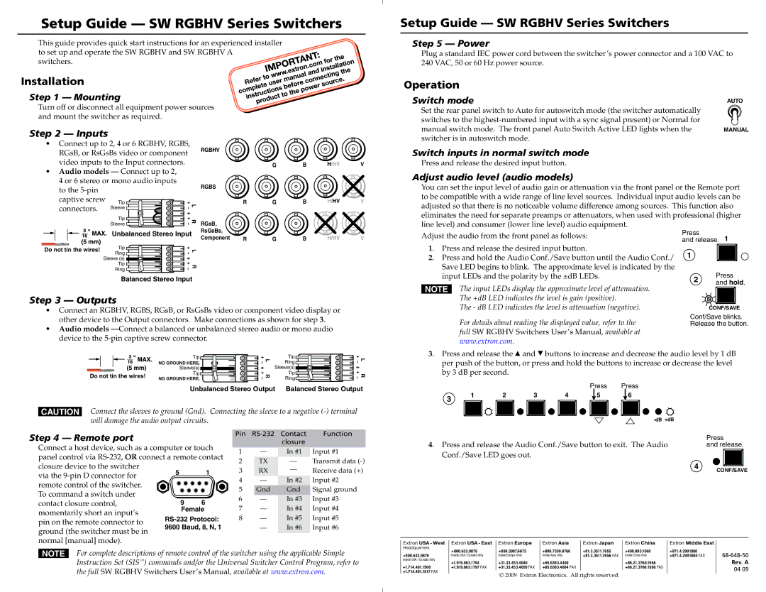 Extron electronic SW RGBHV A setup guide Power, Switch mode, Switch inputs in normal switch mode, Outputs, Remote port 