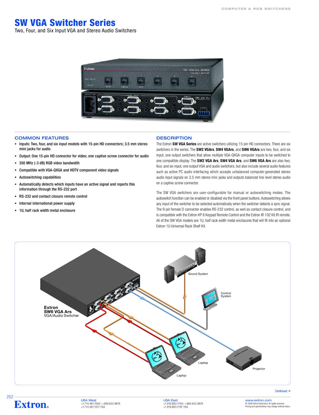 Extron electronic SW VGA Series specifications SW VGA Switcher Series, Common Features, Description, Extron SW6 VGA Ars 