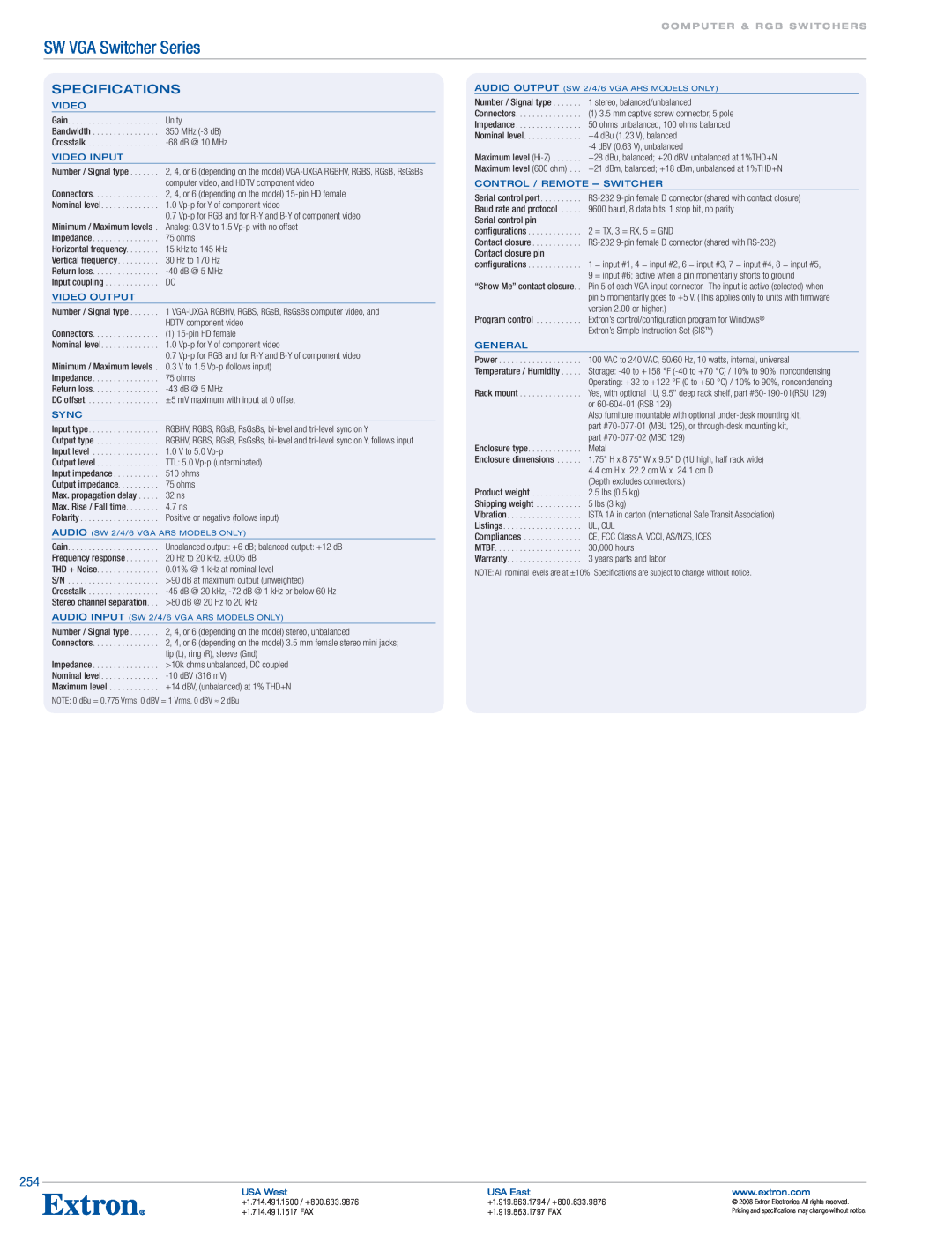 Extron electronic SW VGA Series Specifications, SW VGA Switcher Series, Video input, Video output, Sync, General 