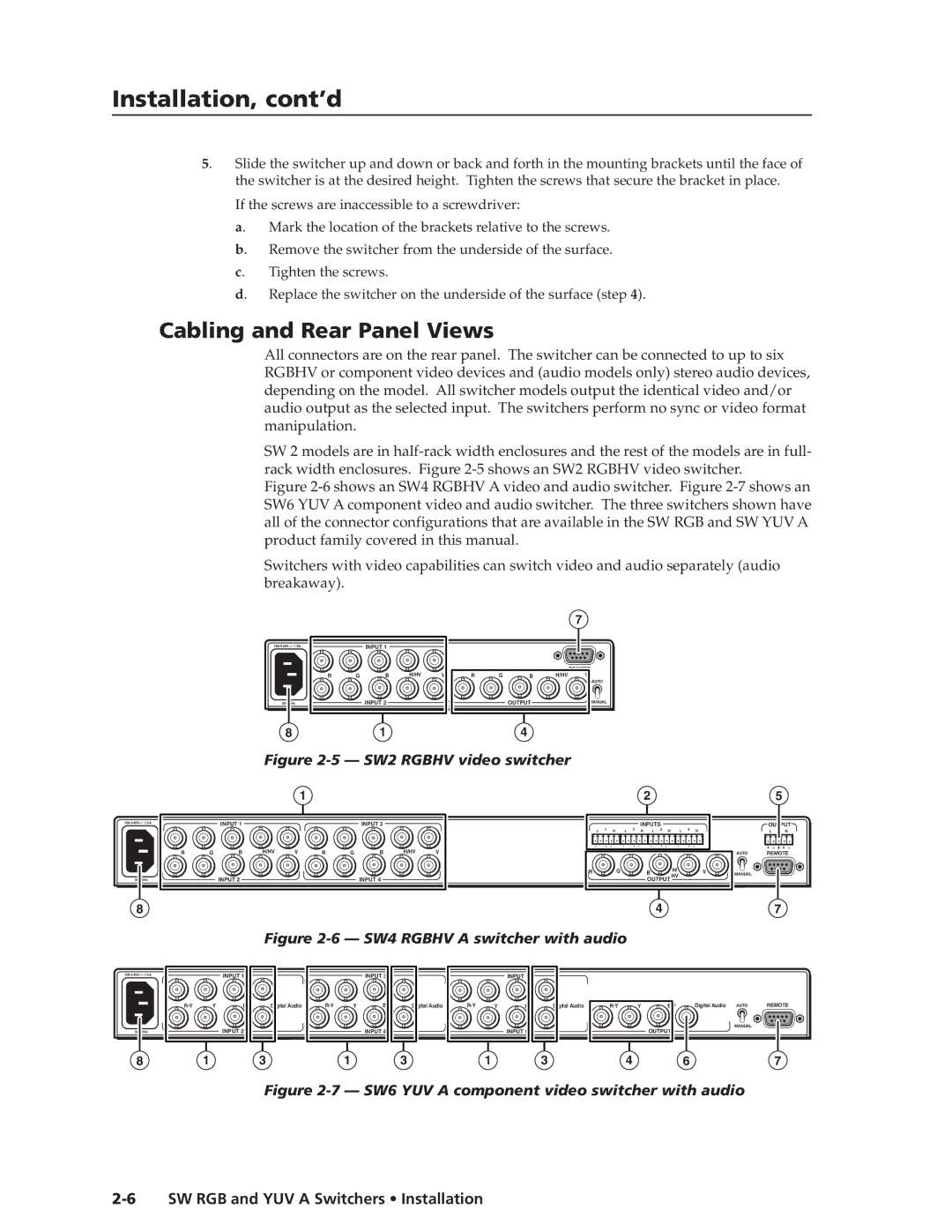 Extron electronic SW YUV A, SW RGB manual Cabling and Rear Panel Views, SW2 Rgbhv video switcher 