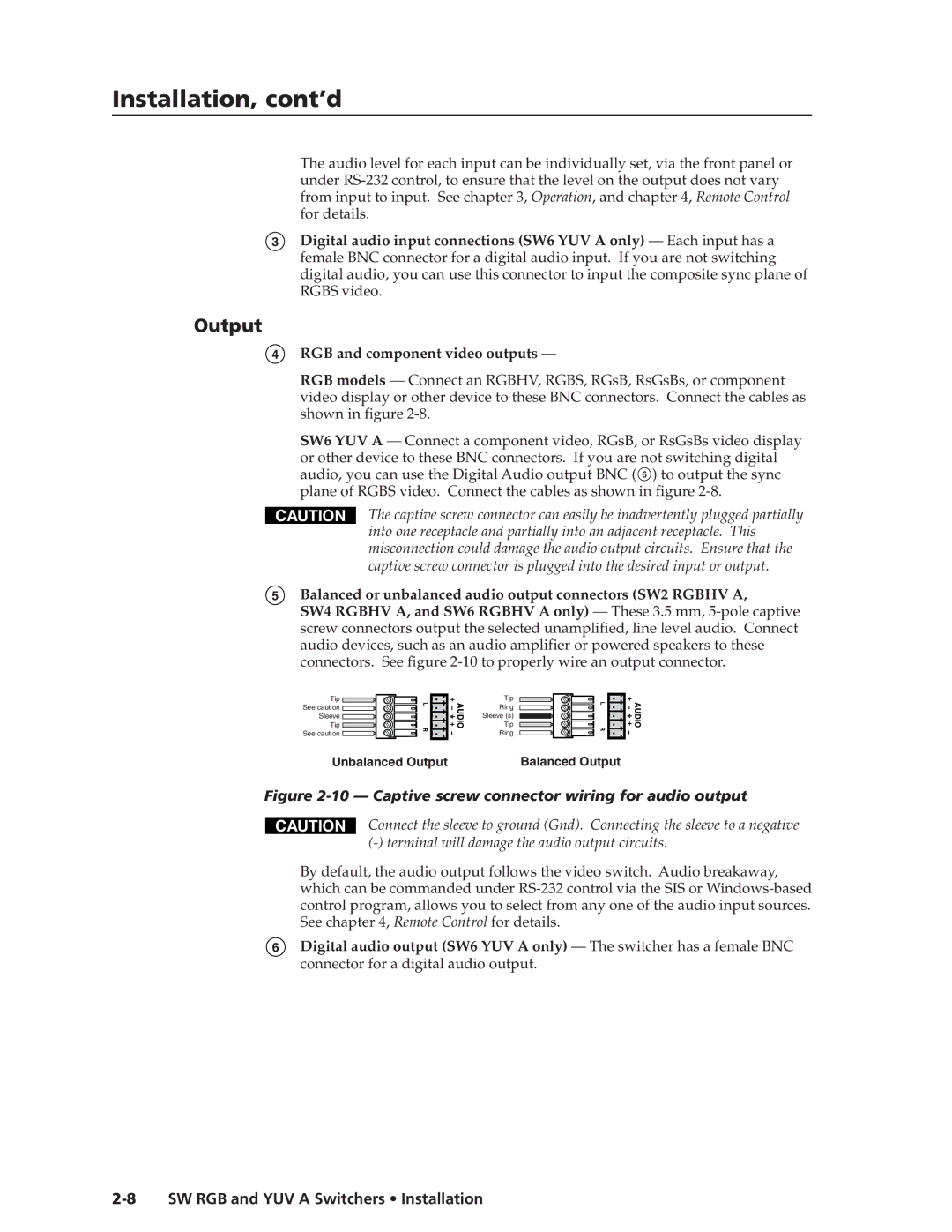 Extron electronic SW YUV A, SW RGB manual Output, RGB and component video outputs 