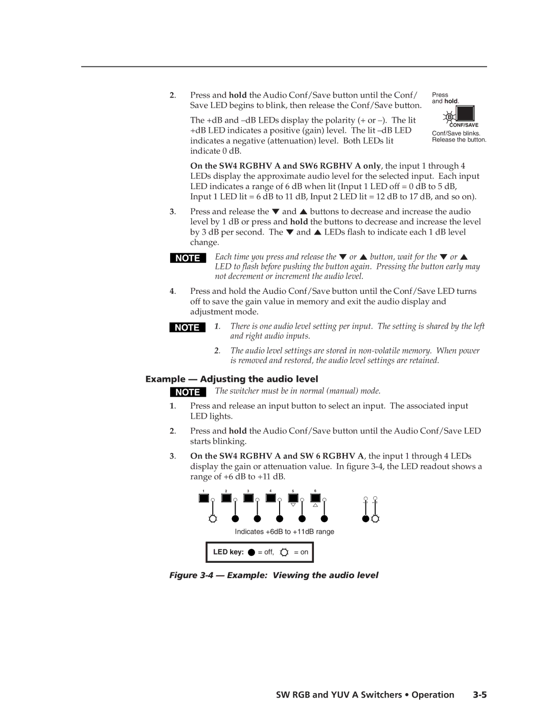 Extron electronic SW RGB, SW YUV A manual Example Adjusting the audio level, Example Viewing the audio level 