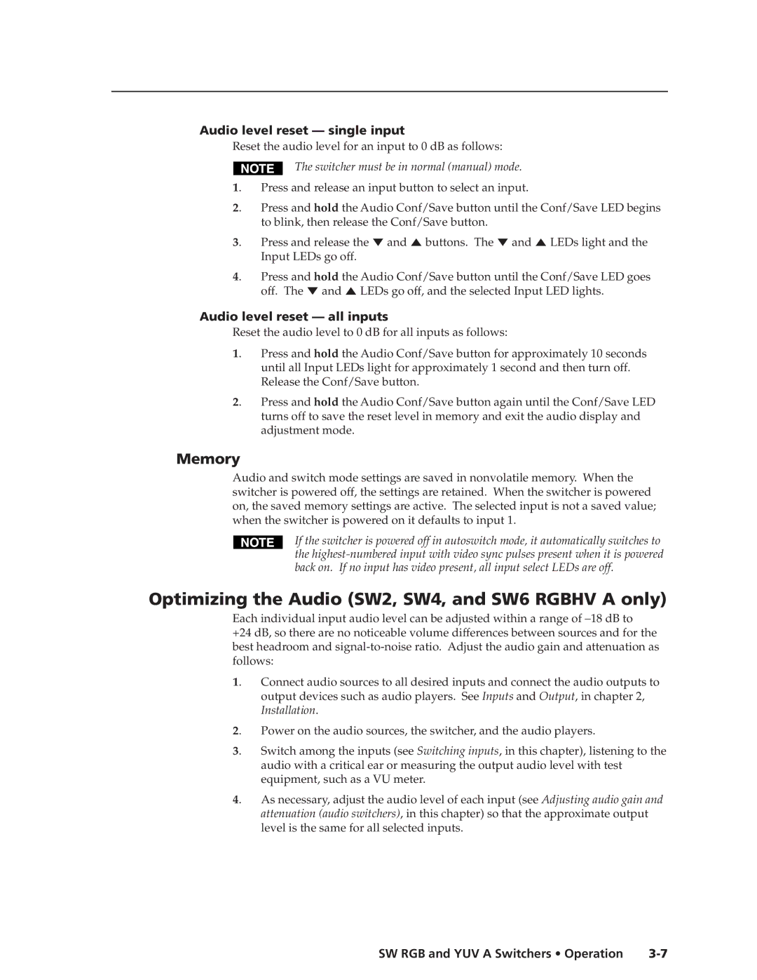 Extron electronic SW RGB manual Optimizing the Audio SW2, SW4, and SW6 Rgbhv a only, Memory, Audio level reset single input 