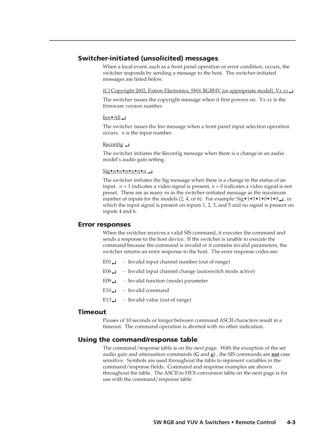 Extron electronic SW RGB, SW YUV A manual Switcher-initiated unsolicited messages, Error responses, Timeout 
