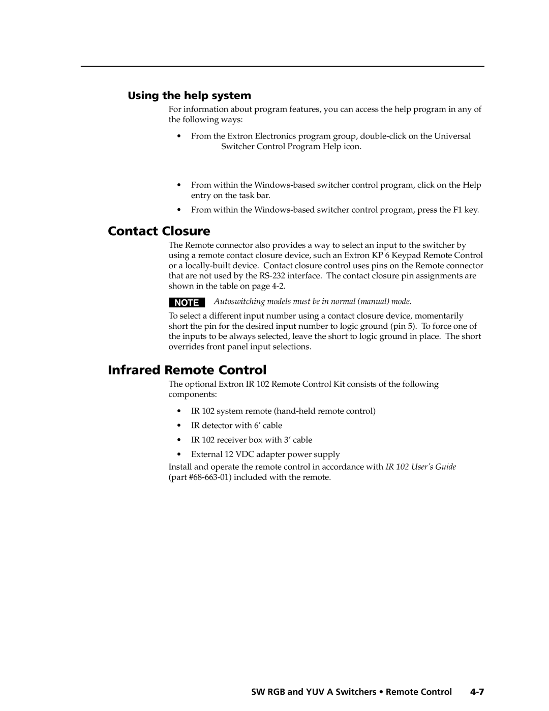 Extron electronic SW RGB, SW YUV A manual Contact Closure, Infrared Remote Control, Using the help system 