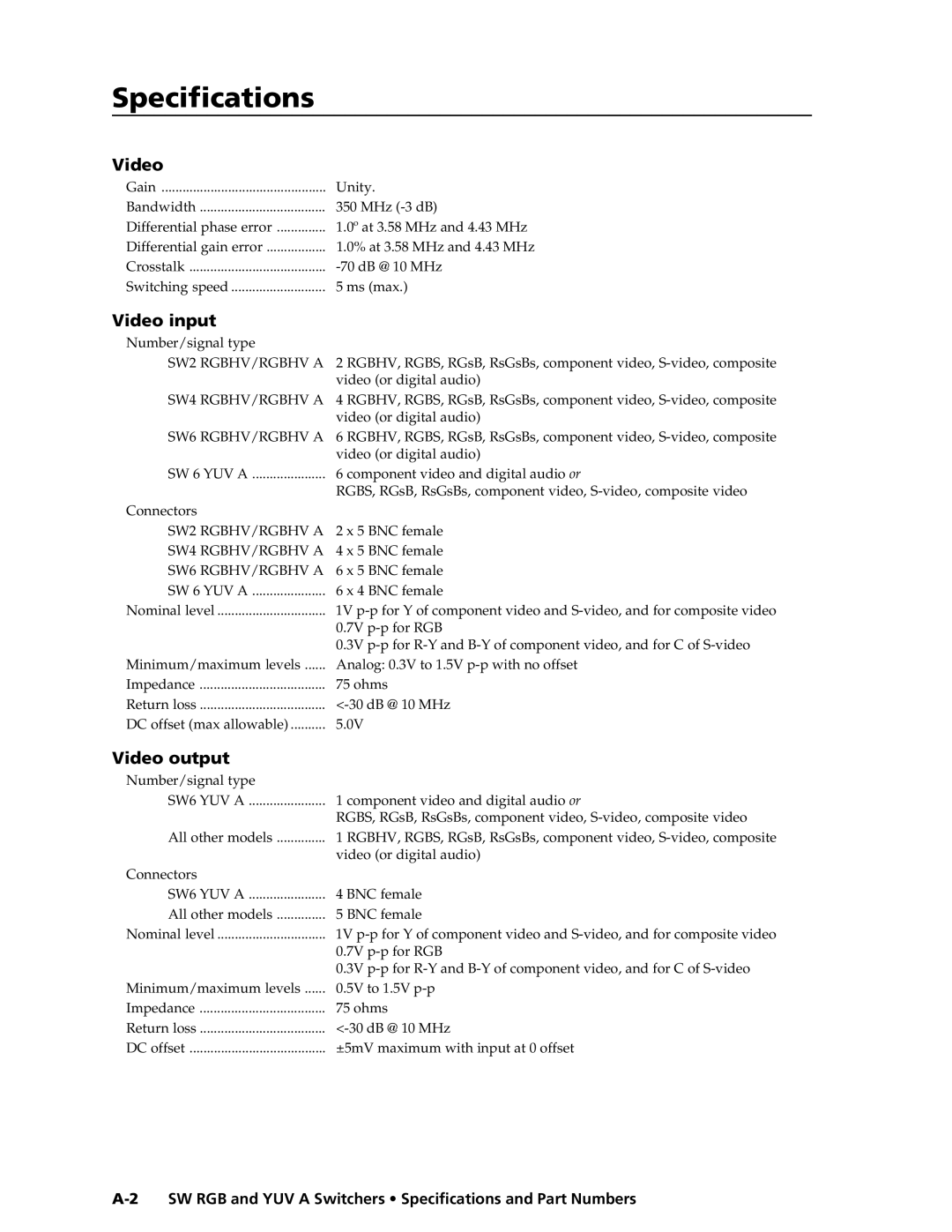 Extron electronic SW YUV A Specificationsecifications, cont’d, SW RGB and YUV a Switchers Specifications and Part Numbers 