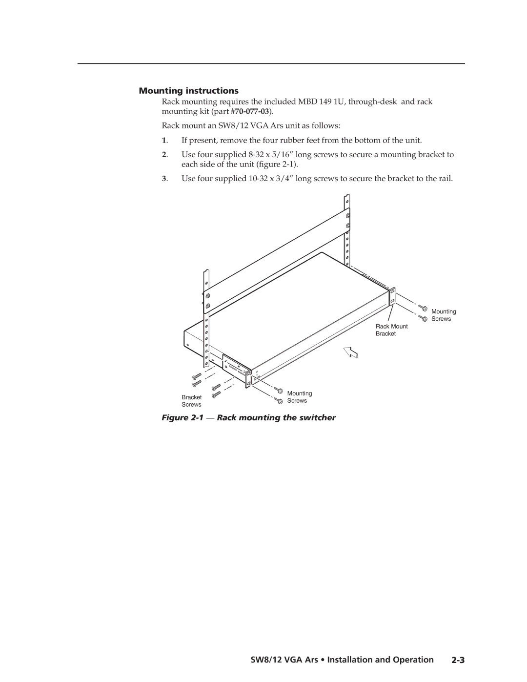 Extron electronic SW12 VGA ARS, SW8 VGA Ars manual Mounting instructions, Rack mount an SW8/12 VGA Ars unit as follows 