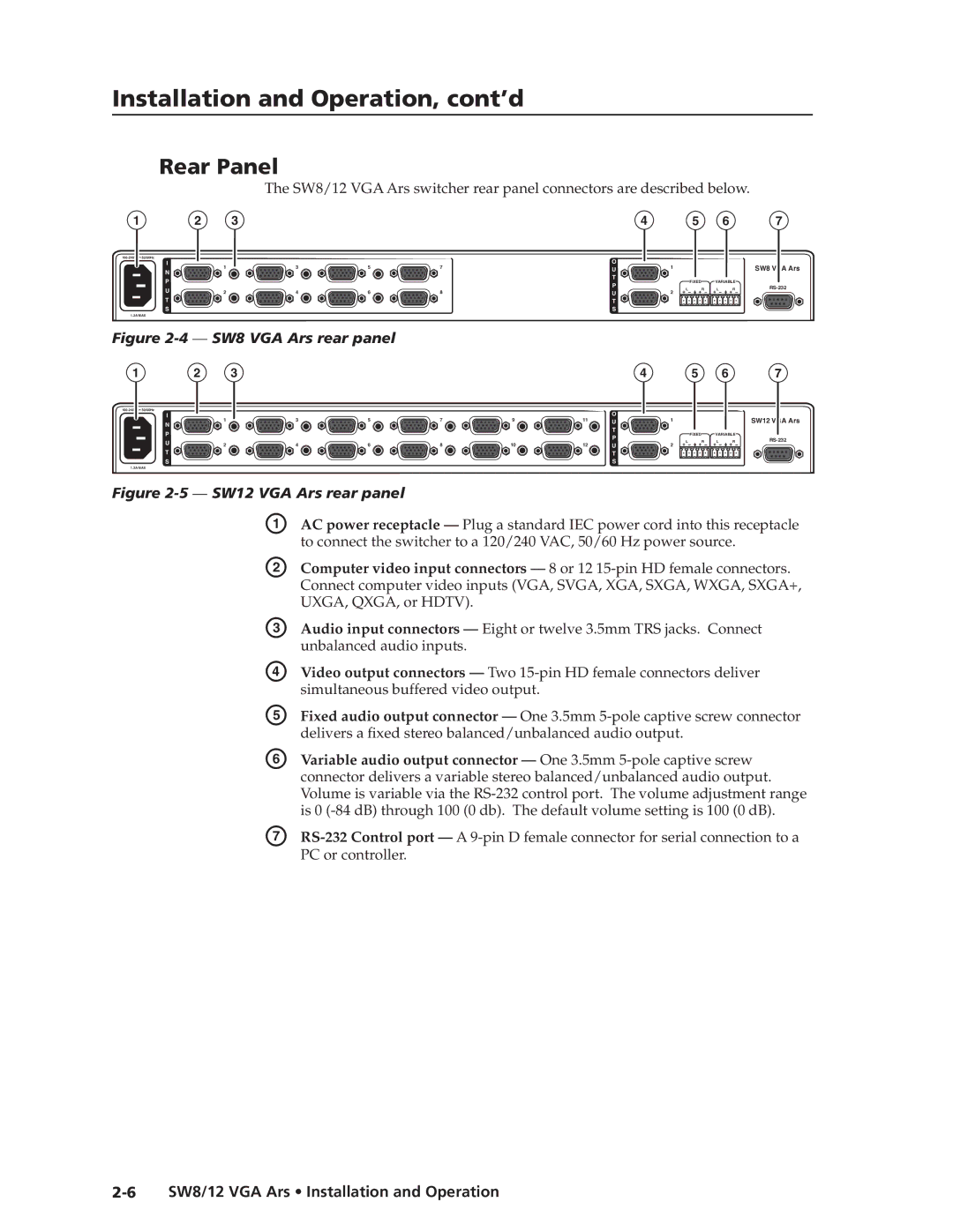 Extron electronic SW8 VGA Ars, SW12 VGA ARS manual Rear Panel, UXGA, QXGA, or Hdtv 