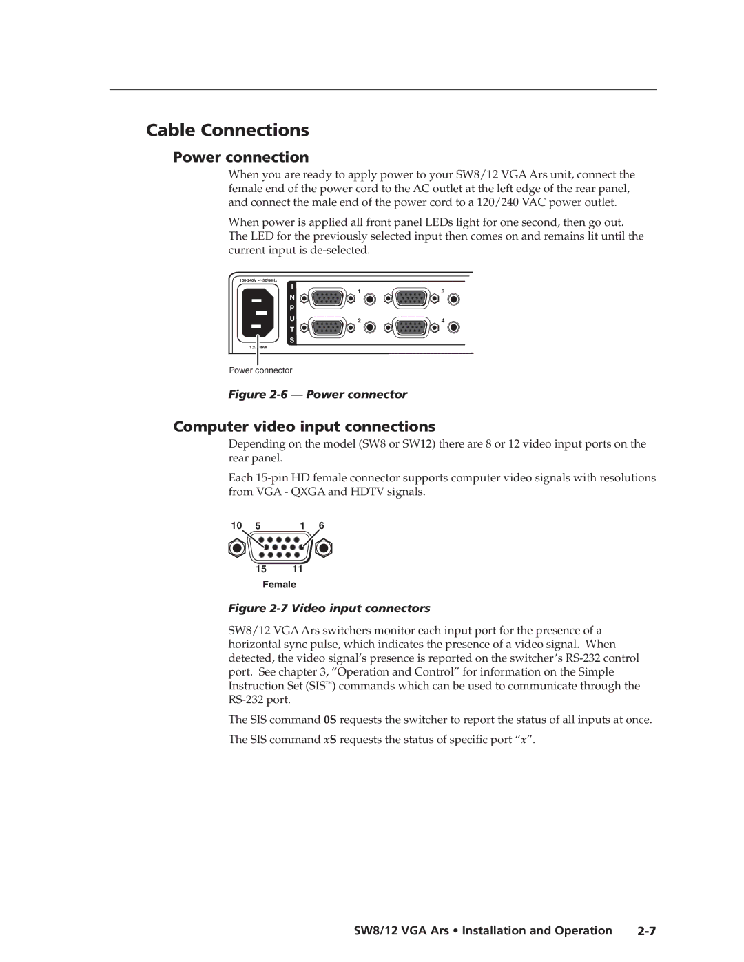 Extron electronic SW12 VGA ARS, SW8 VGA Ars manual Cable Connections, Power connection, Computer video input connections 