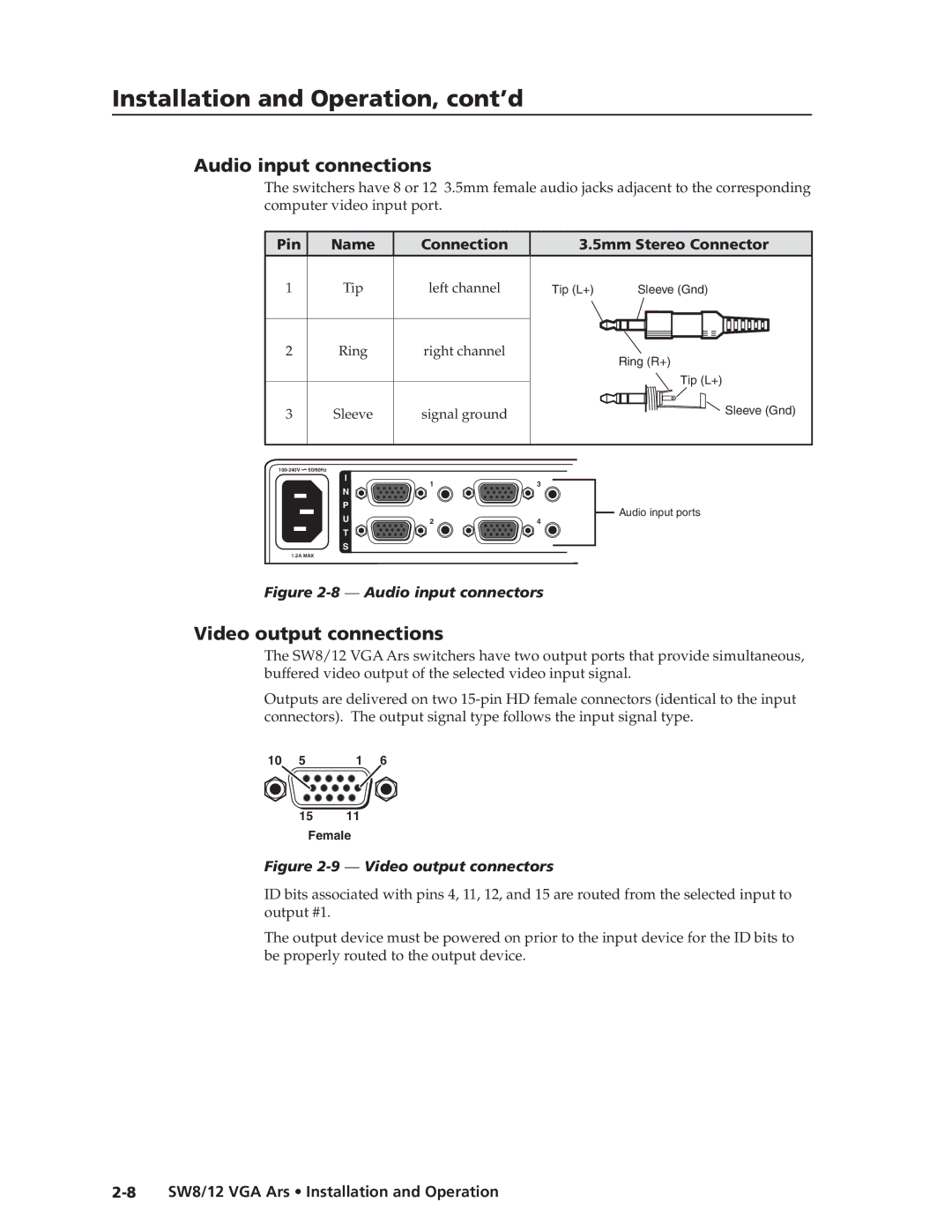 Extron electronic SW8 VGA Ars Audio input connections, Video output connections, Pin Name Connection 5mm Stereo Connector 