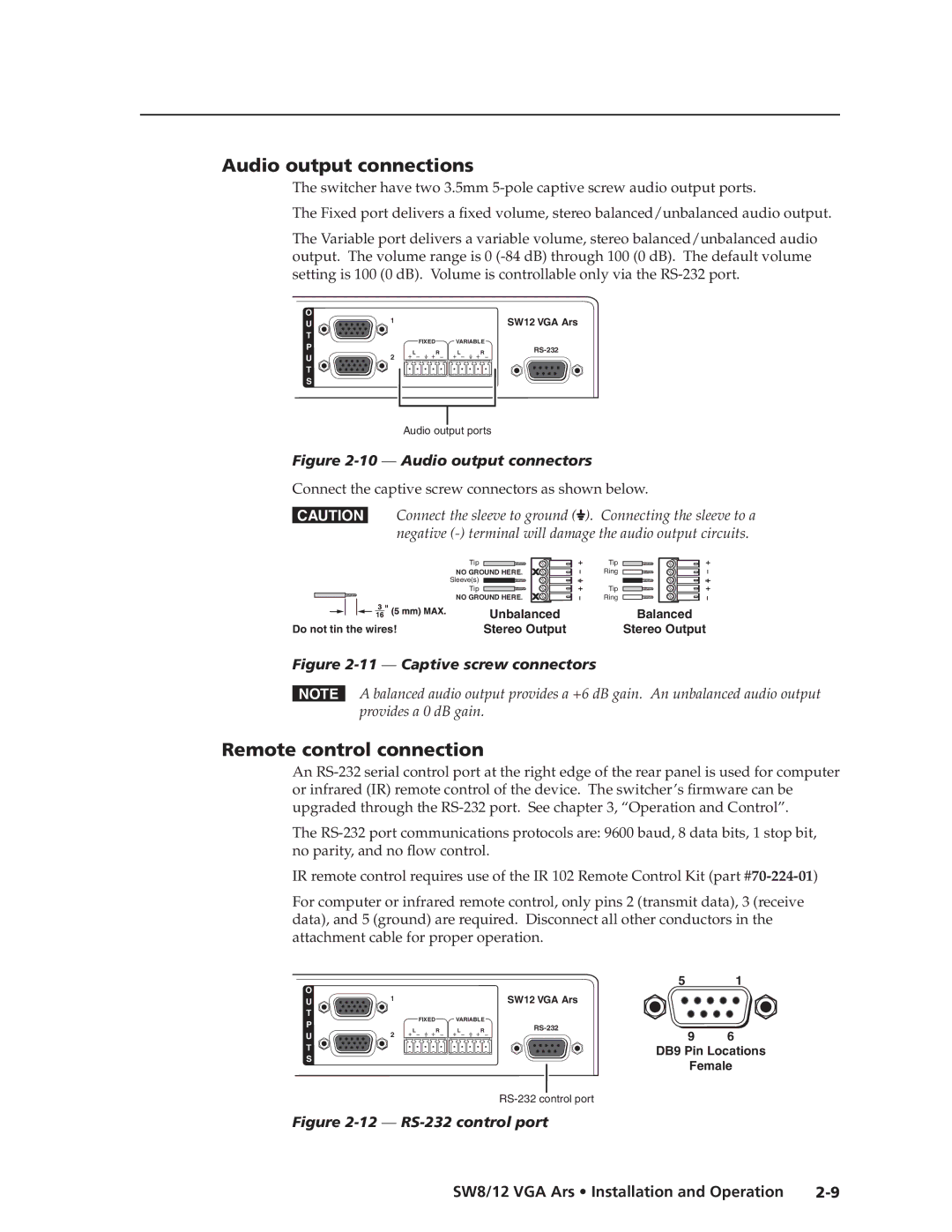 Extron electronic SW12 VGA ARS, SW8 VGA Ars manual Audio output connections, Remote control connection 