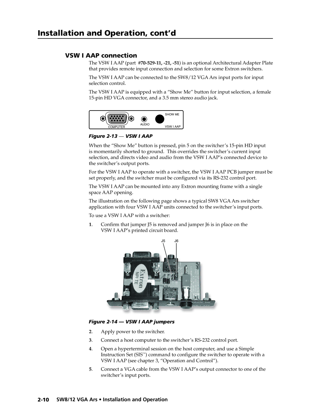 Extron electronic SW8 VGA Ars, SW12 VGA ARS manual VSW I AAP connection, 10 SW8/12 VGA Ars Installation and Operation 