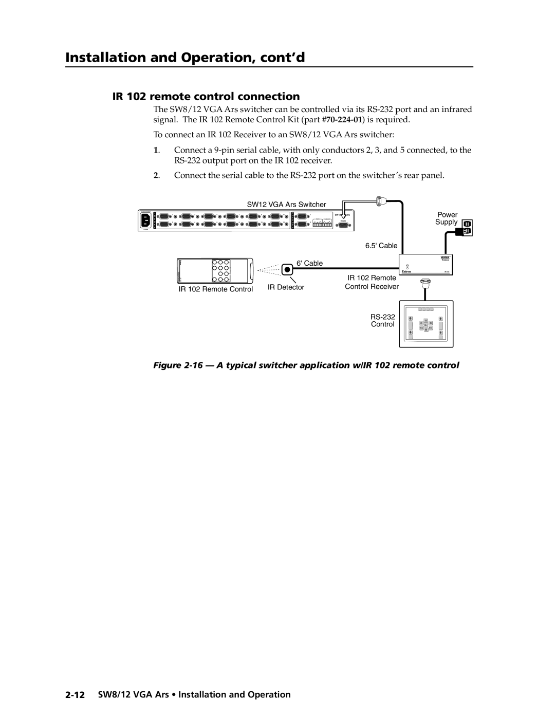 Extron electronic SW8 VGA Ars, SW12 VGA ARS IR 102 remote control connection, 12 SW8/12 VGA Ars Installation and Operation 