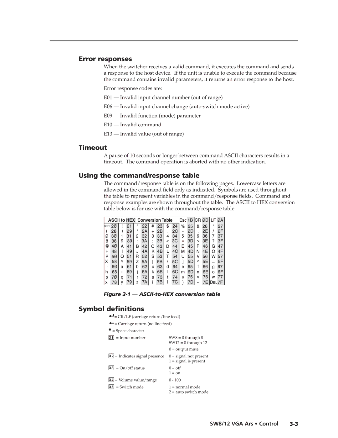 Extron electronic SW12 VGA ARS, SW8 VGA Ars Error responses, Timeout, Using the command/response table, Symbol definitions 