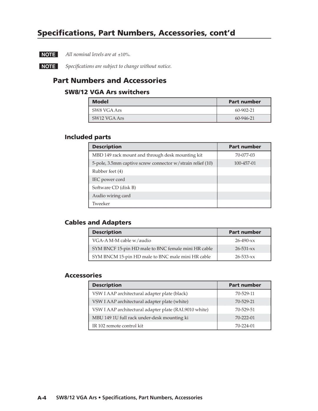 Extron electronic SW8 VGA Ars Part Numbers and Accessories, SW8/12 VGA Ars switchers, Included parts, Cables and Adapters 