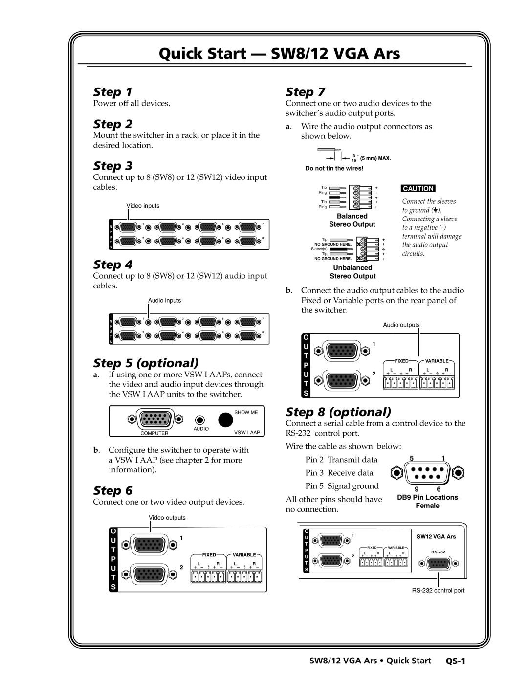 Extron electronic SW12 VGA ARS, SW8 VGA Ars manual Quick Start SW8/12 VGA Ars, SW8/12 VGA Ars Quick Start QS-1 