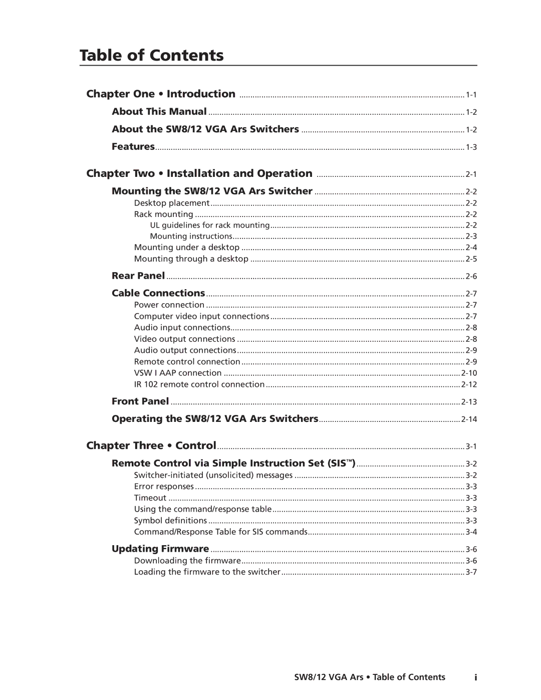 Extron electronic SW12 VGA ARS, SW8 VGA Ars manual Table of Contents 