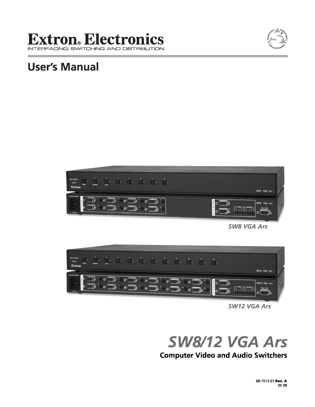Extron electronic SW12 VGA ARS manual Computer Video and Audio Switchers, SW8/12 VGA Ars, SW8 VGA Ars SW12 VGA Ars 