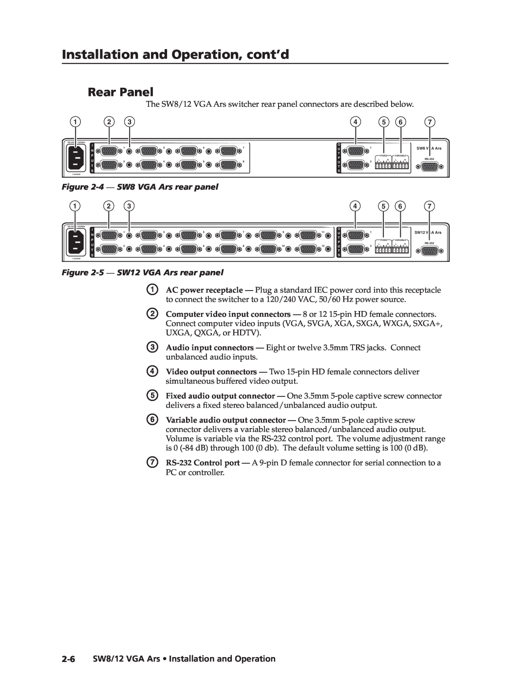 Extron electronic SW12 VGA ARS manual Rear Panel, 4 - SW8 VGA Ars rear panel, 5 - SW12 VGA Ars rear panel 
