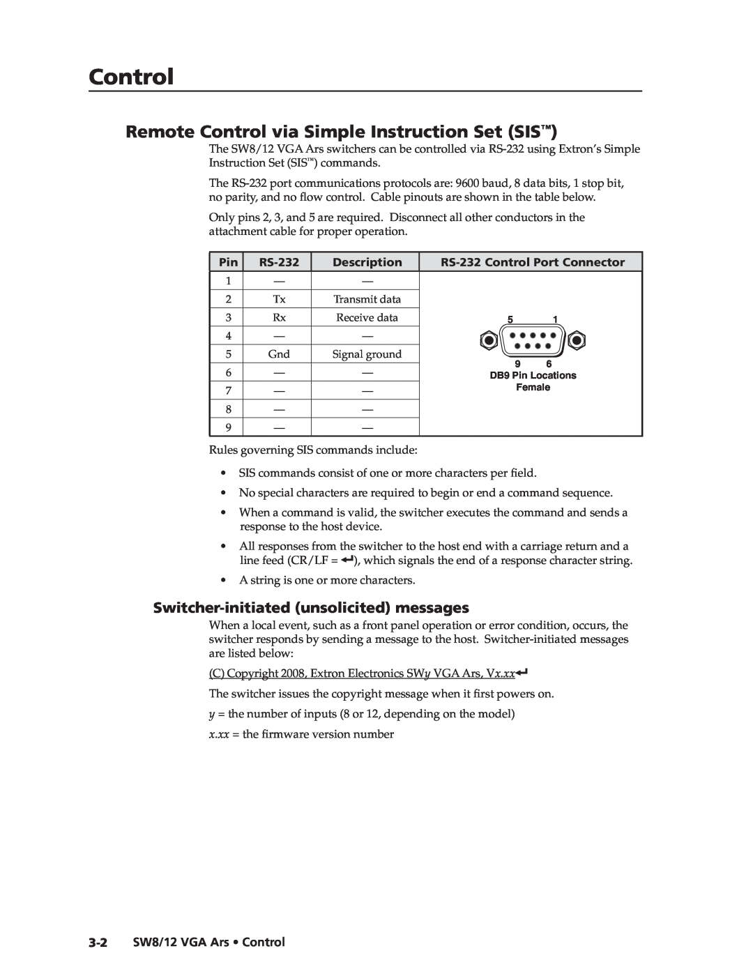 Extron electronic SW8 VGA Ars, SW12 VGA ARS Remote Control via Simple Instruction Set SIS\⤀, Pin RS-232, Description 