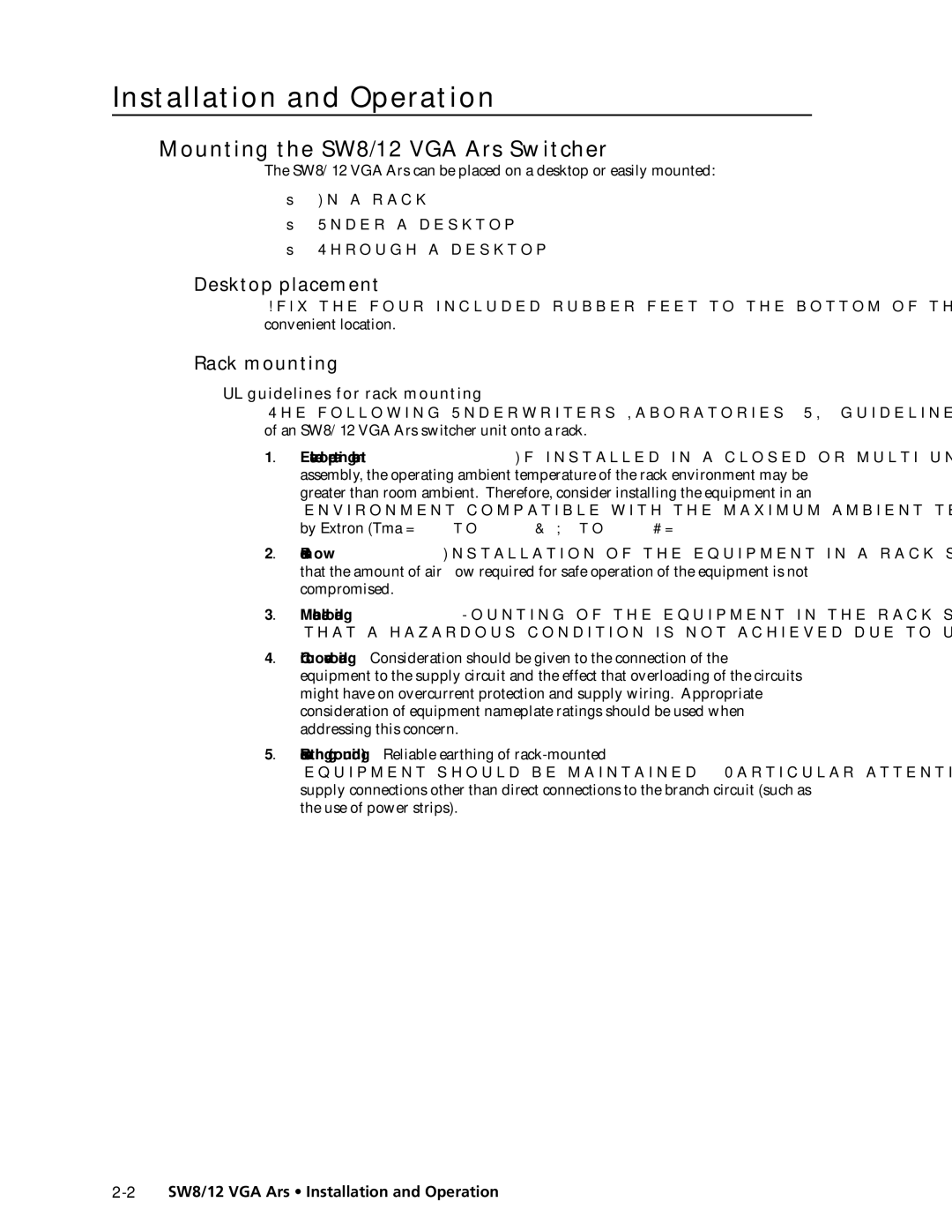Extron electronic Installation and Operation, Mounting the SW8/12 VGA Ars Switcher, Desktop placement, Rack mounting 