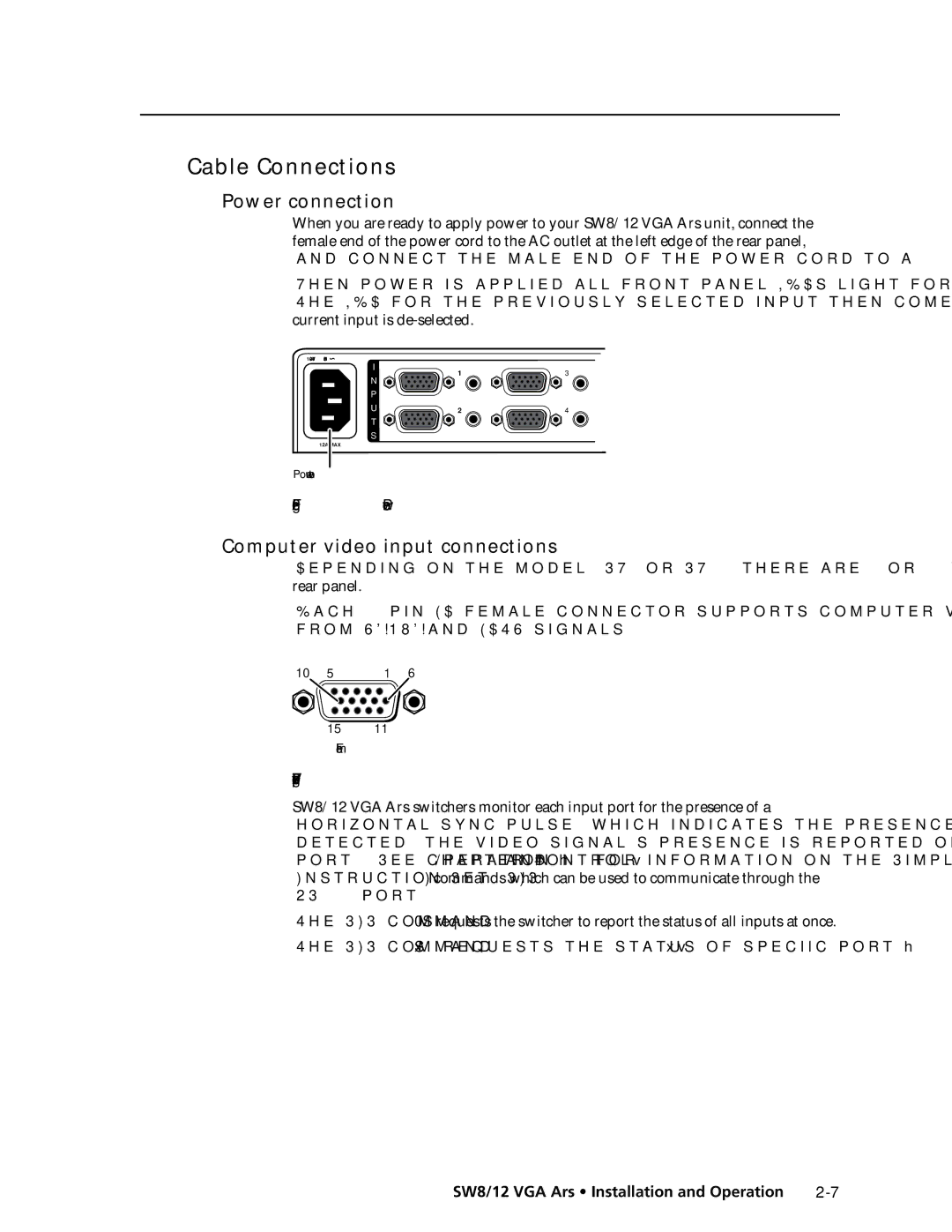 Extron electronic SW12 VGA ARS, SW8/12 VGA manual Cable Connections, Power connection, Computer video input connections 