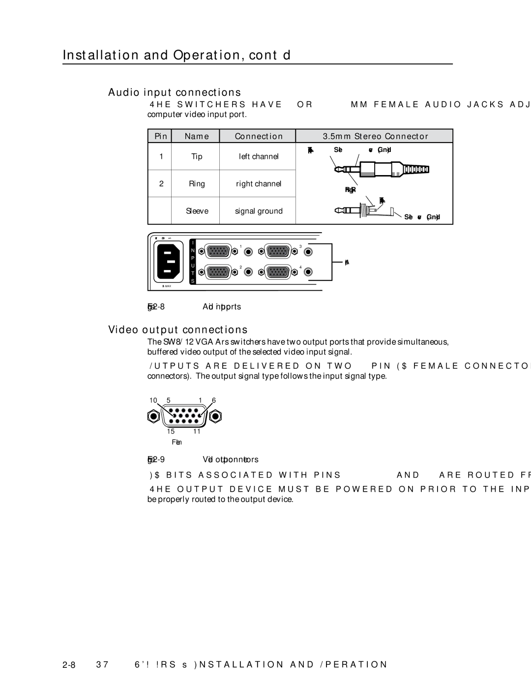 Extron electronic SW8/12 VGA Audio input connections, Video output connections, Pin Name Connection 5mm Stereo Connector 