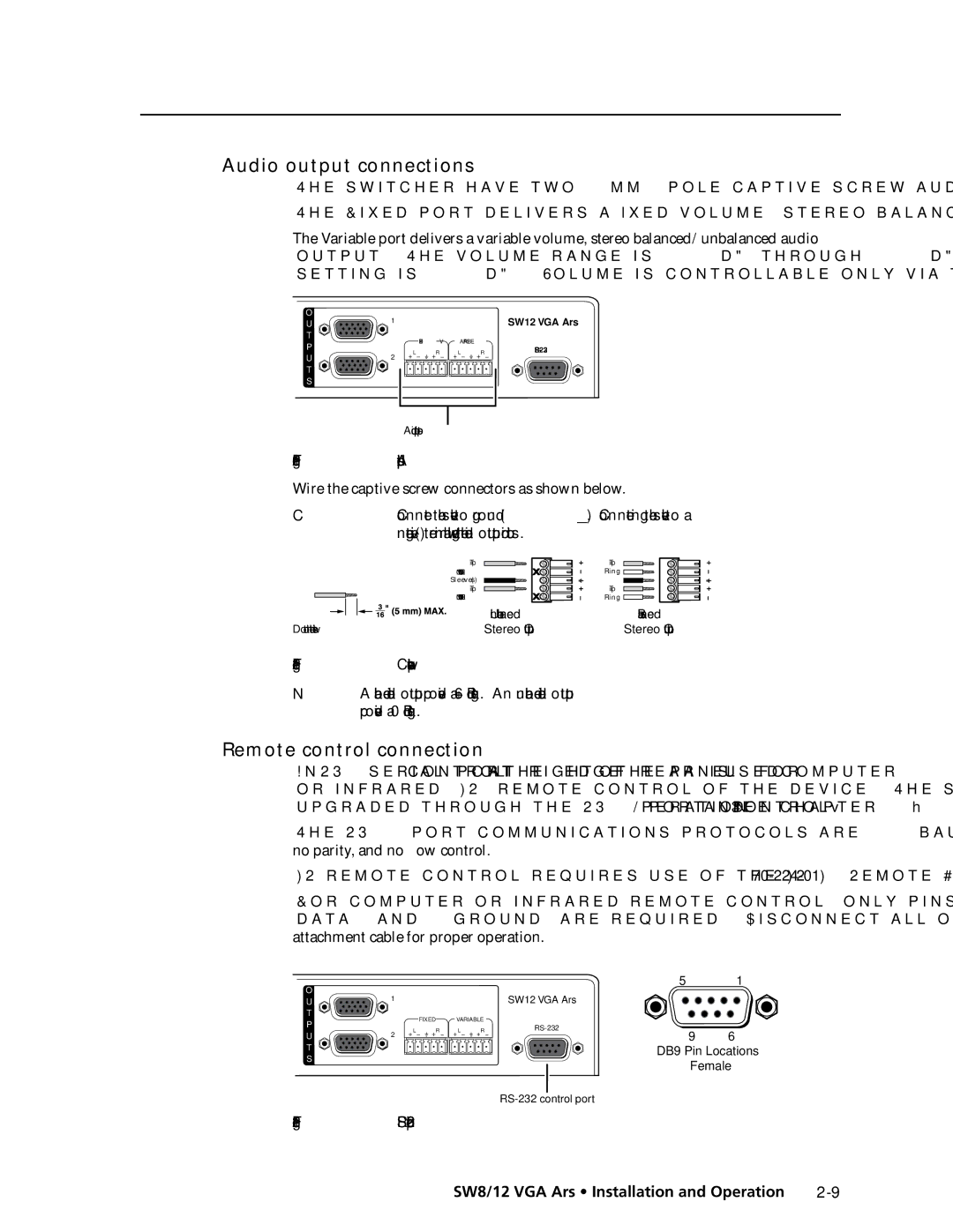 Extron electronic SW12 VGA ARS, SW8/12 VGA manual Audio output connections, Remote control connection 