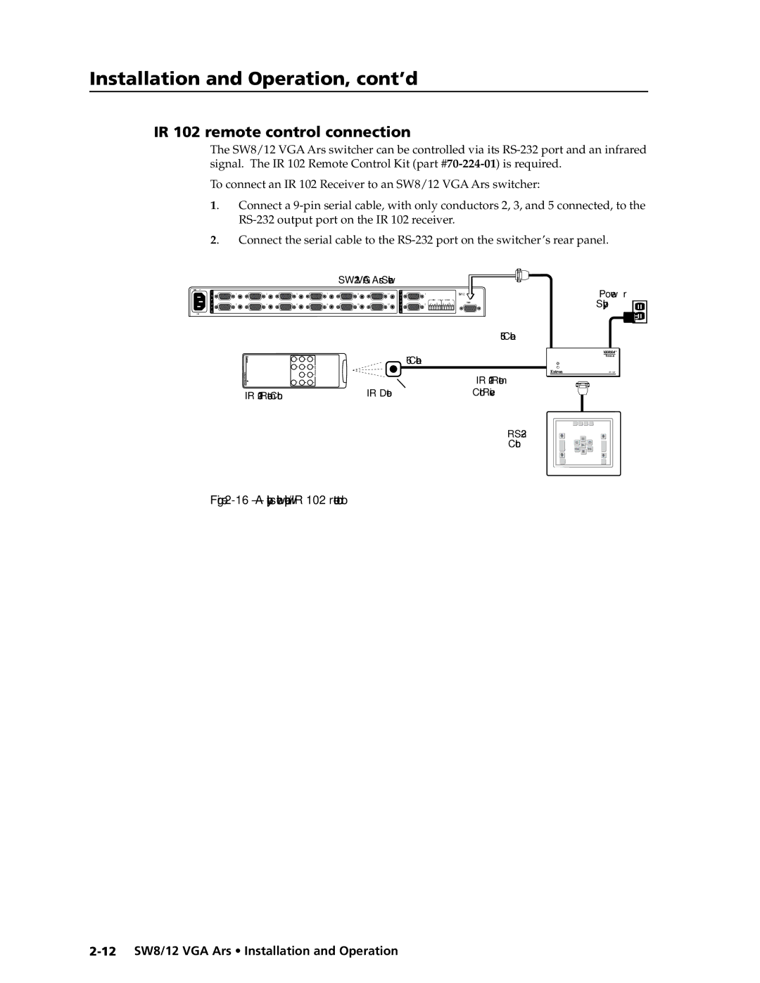 Extron electronic SW12 VGA ARS manual IR 102 remote control connection, 12 SW8/12 VGA Ars Installation and Operation 