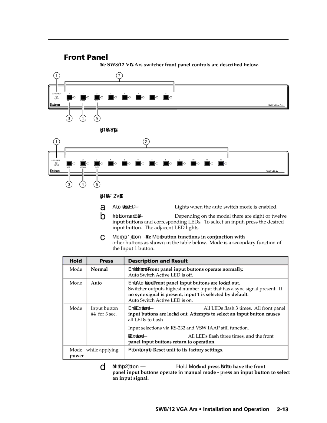 Extron electronic SW12 VGA ARS, SW8/12 VGA manual Front Panel, Hold Press Description and Result 
