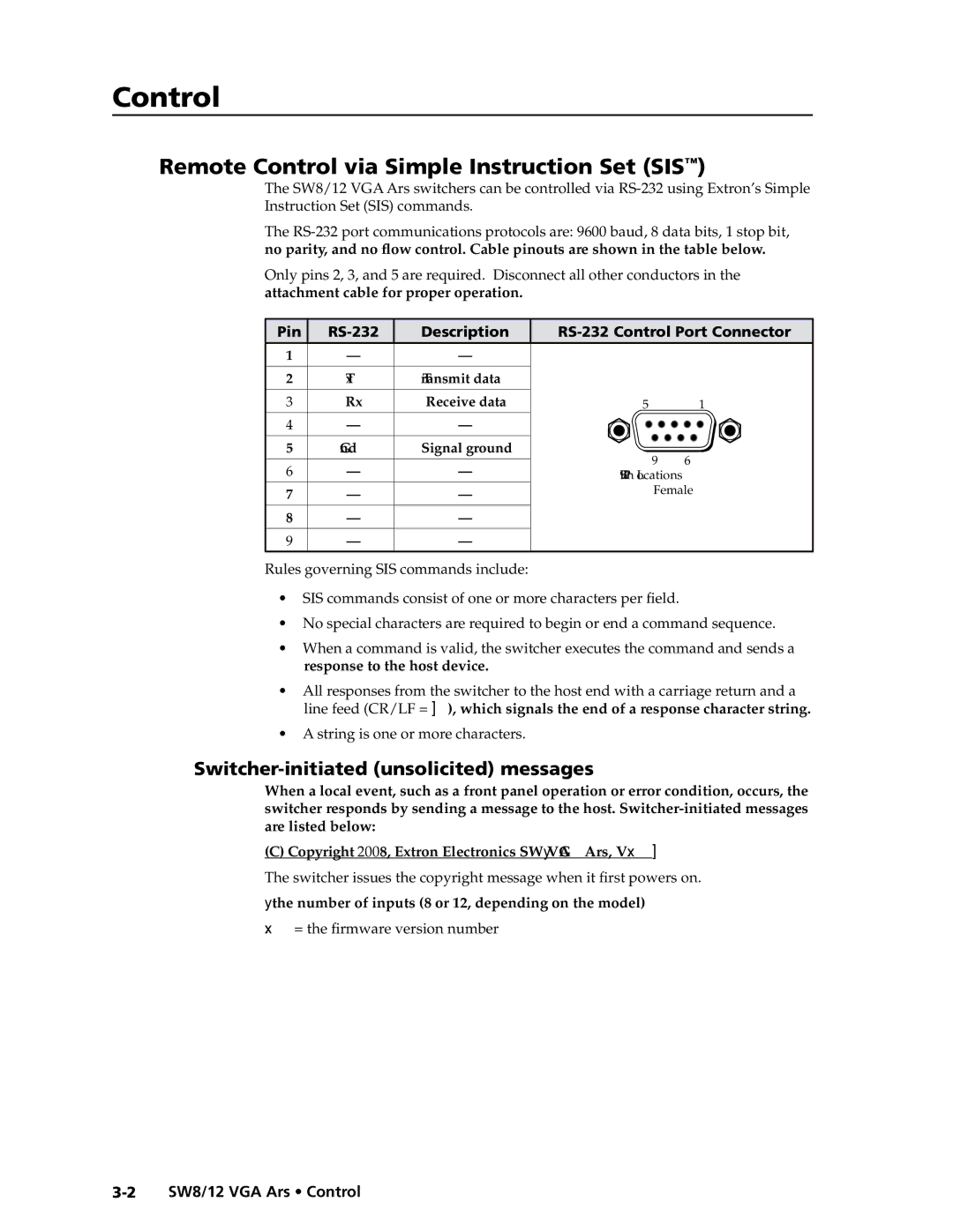 Extron electronic SW12 VGA ARS manual Remote Control via Simple Instruction Set SIS\⤀, SW8/12 VGA Ars Control 