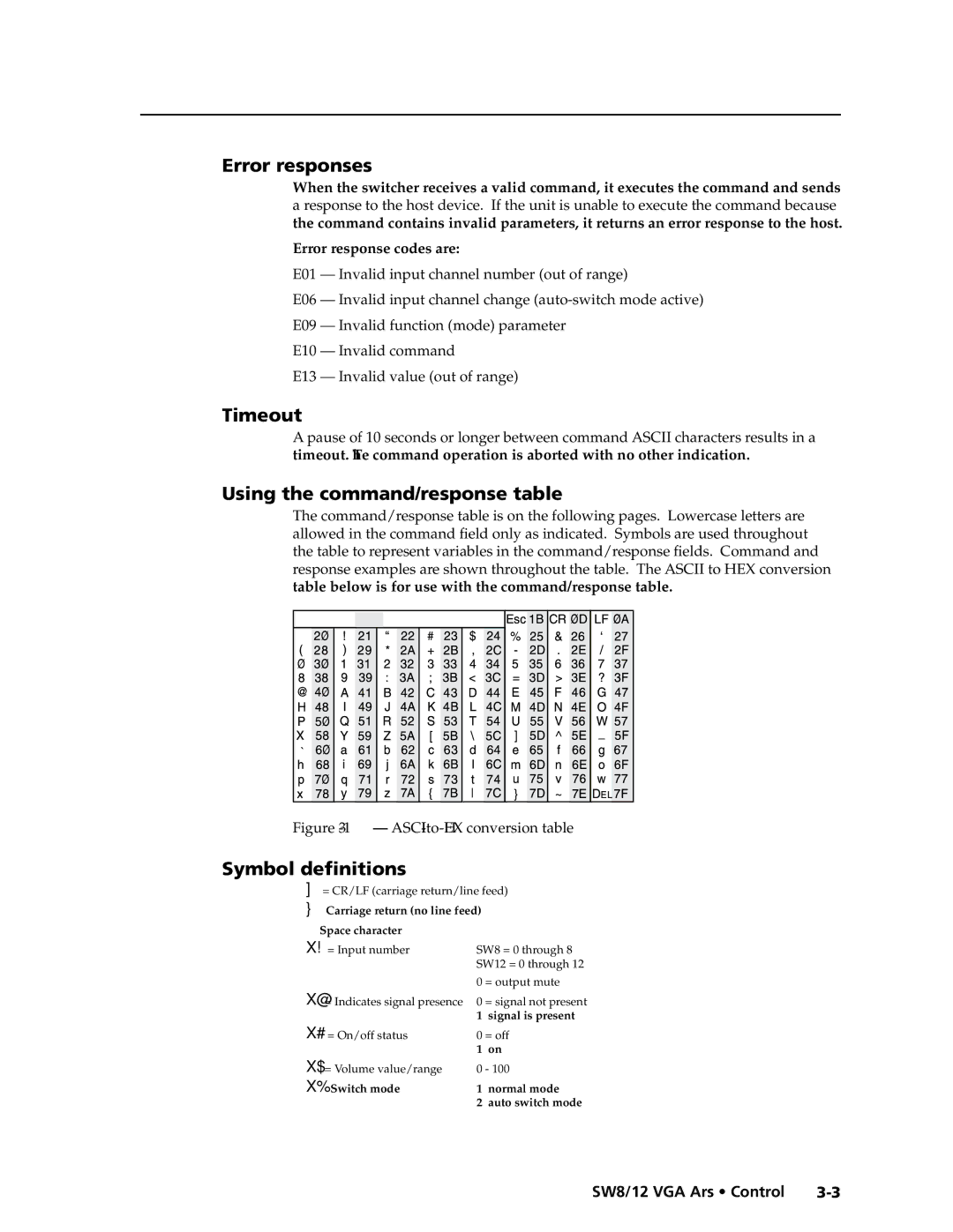 Extron electronic SW12 VGA ARS, SW8/12 VGA Error responses, Timeout, Using the command/response table, Symbol definitions 