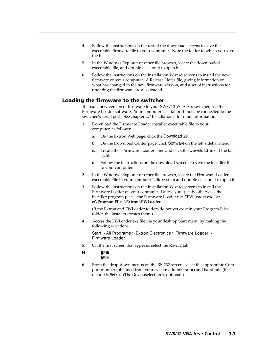 Extron electronic SW12 VGA ARS, SW8/12 VGA manual Loading the firmware to the switcher, Program Files\Extron\FWLoader 