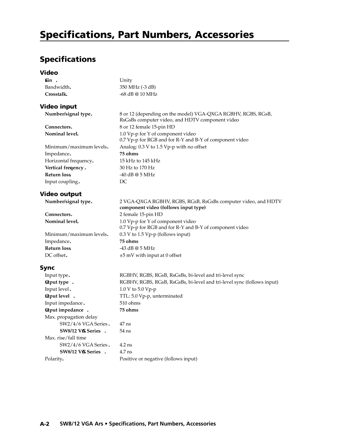 Extron electronic SW8/12 VGA, SW12 VGA ARS manual Specifications, Part Numbers, Accessories 