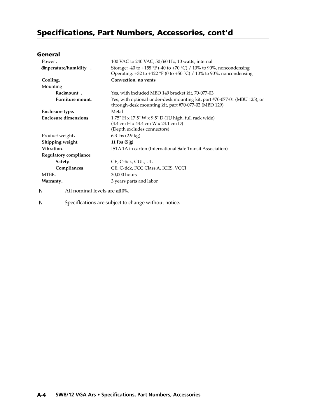 Extron electronic SW8/12 VGA, SW12 VGA ARS manual Specifications, Part Numbers, Accessories, cont’d 