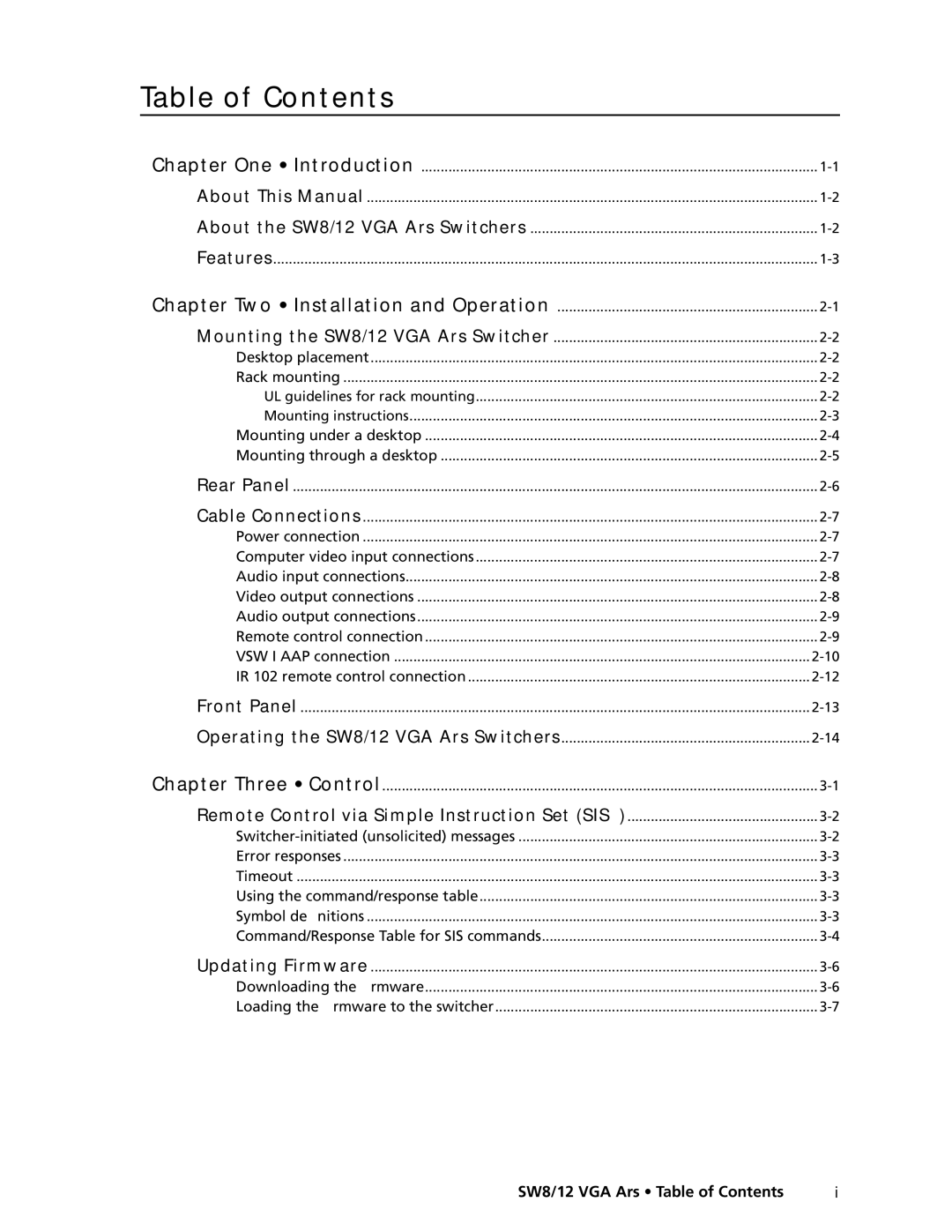 Extron electronic SW12 VGA ARS, SW8/12 VGA manual Table of Contents 