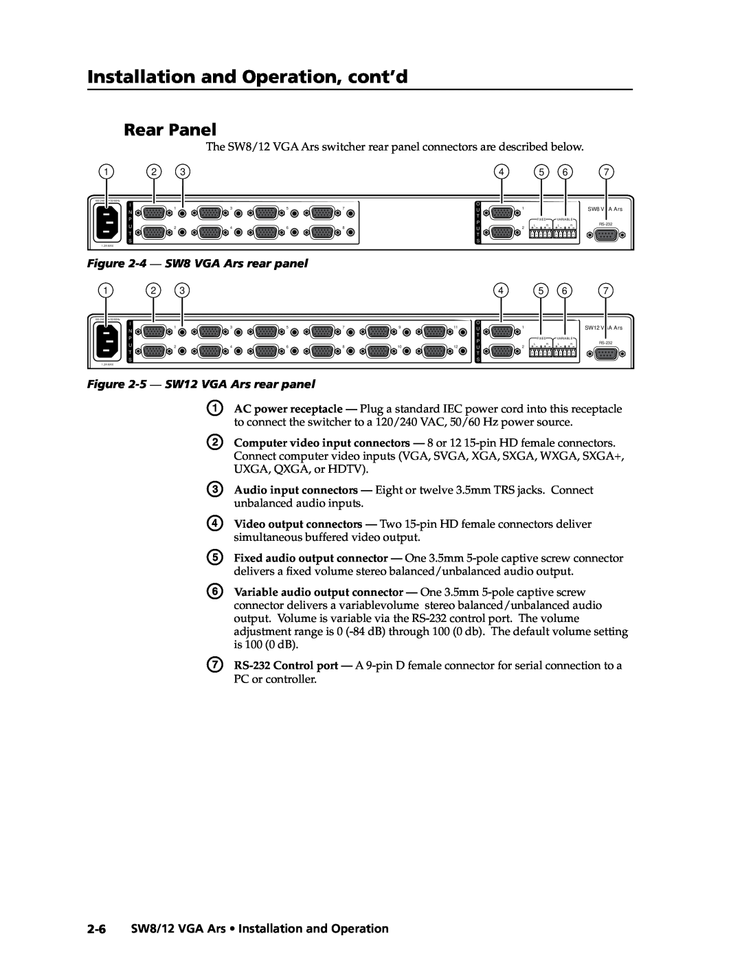 Extron electronic SW8/12 VGA, SW12 VGA ARS manual Rear Panel, 4 - SW8 VGA Ars rear panel, 5 - SW12 VGA Ars rear panel 