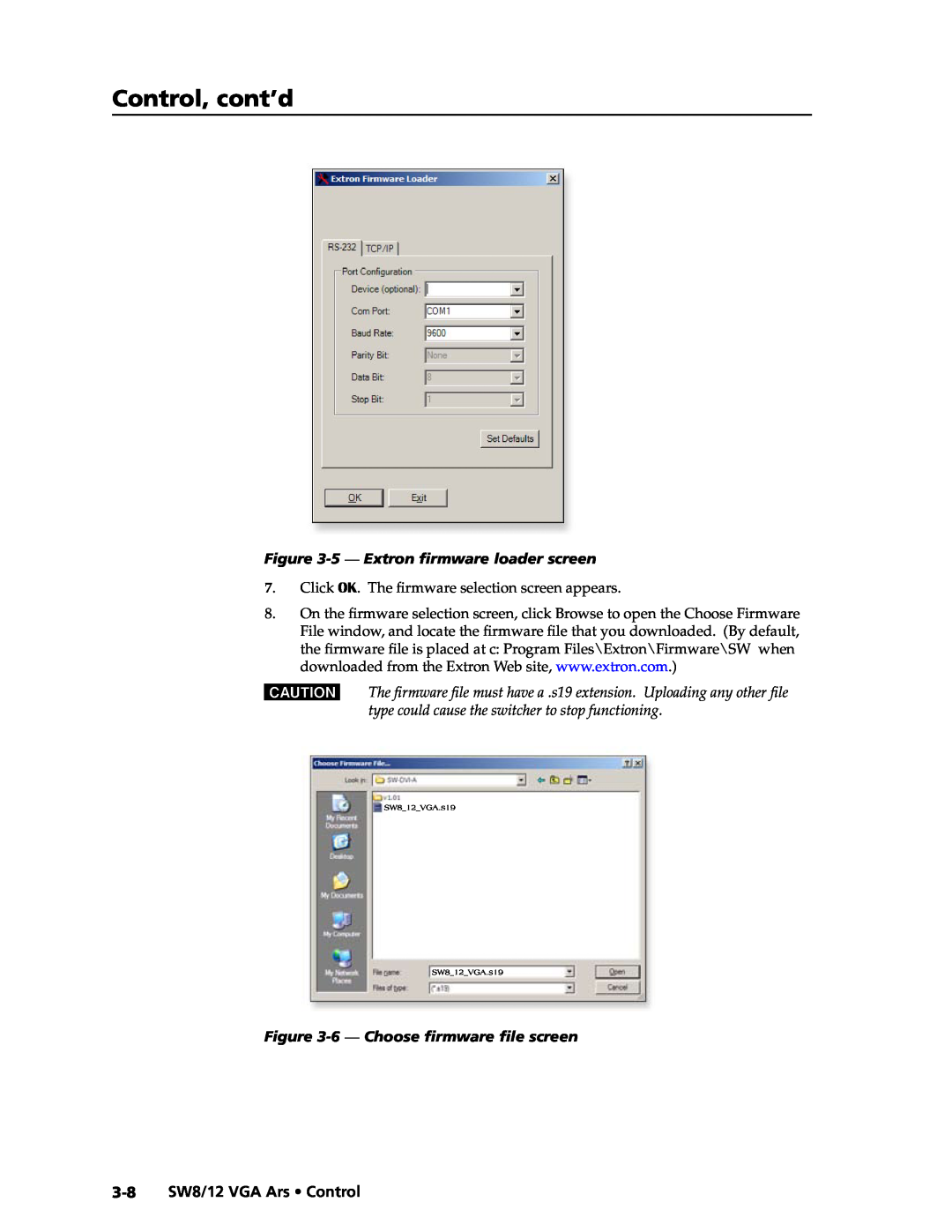 Extron electronic SW8/12 VGA manual 5 - Extron firmware loader screen, 6 - Choose firmware file screen, Control, cont’d 