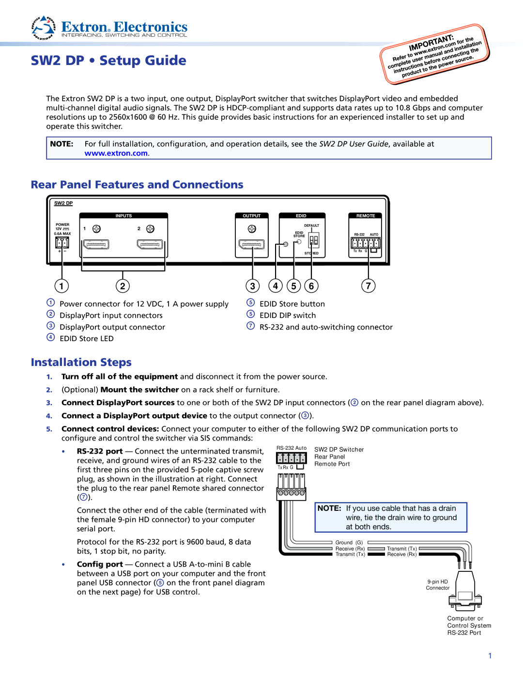 Extron electronic setup guide SW2 DP Setup Guide, Rear Panel Features and Connections, Installation Steps 