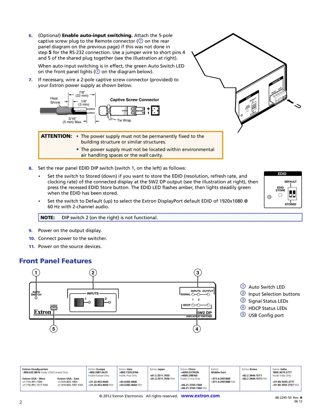 Extron electronic SW2 DP setup guide Front Panel Features, Optional Enable auto-input switching. Attach the 5-pole 