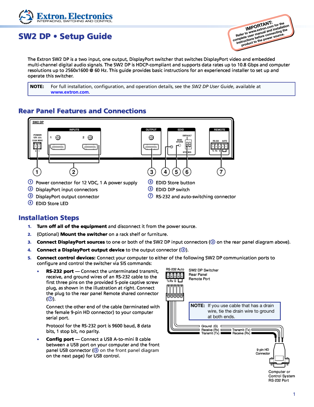 Extron electronic setup guide Rear Panel Features and Connections, Installation Steps, SW2 DP Setup Guide 