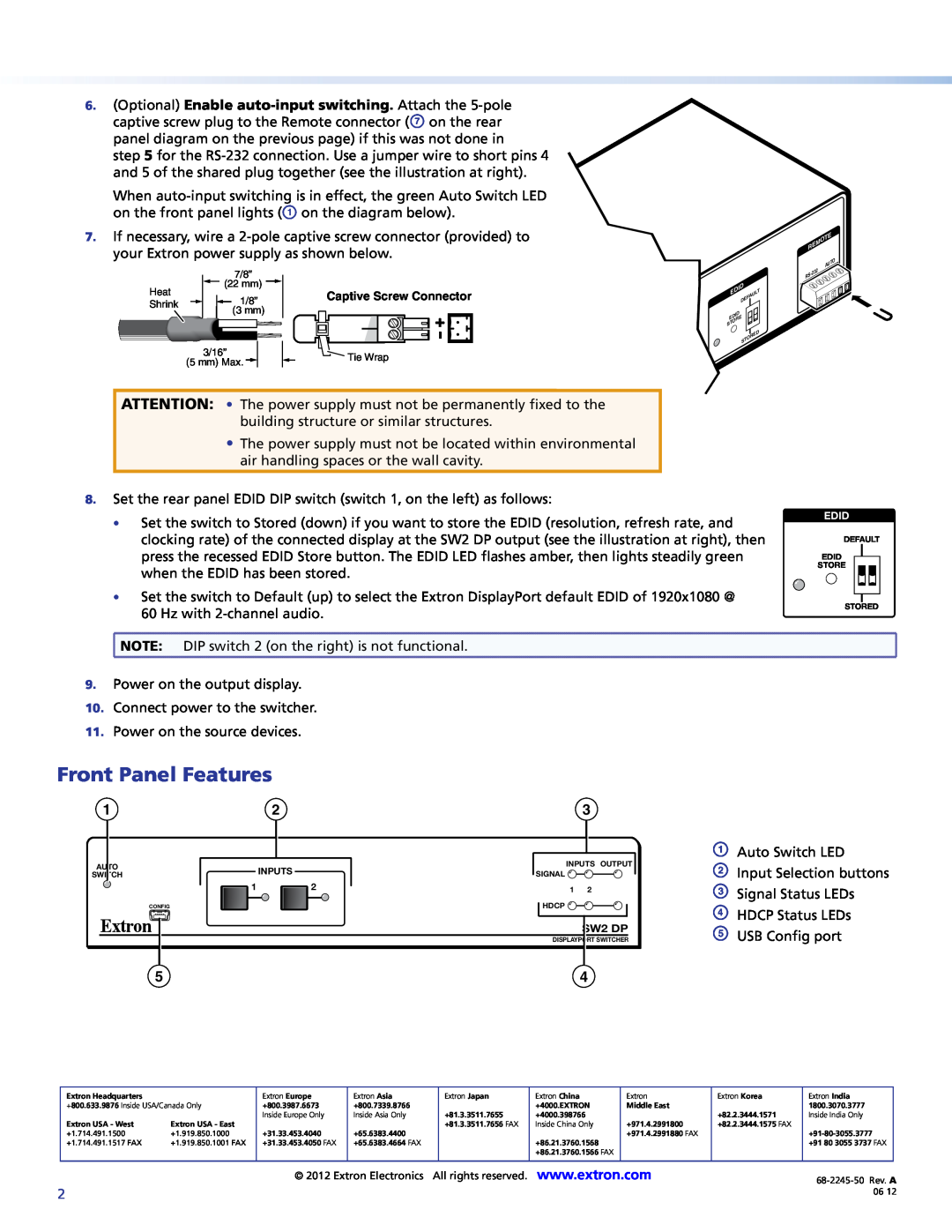 Extron electronic SW2 DP setup guide Front Panel Features, Optional Enable auto-input switching. Attach the 5-pole 