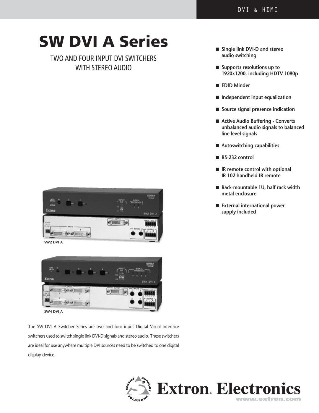 Extron electronic SW4 DVI A, SW2 DVI A manual SW DVI a Series, Two and four input dvi switchers With stereo audio 