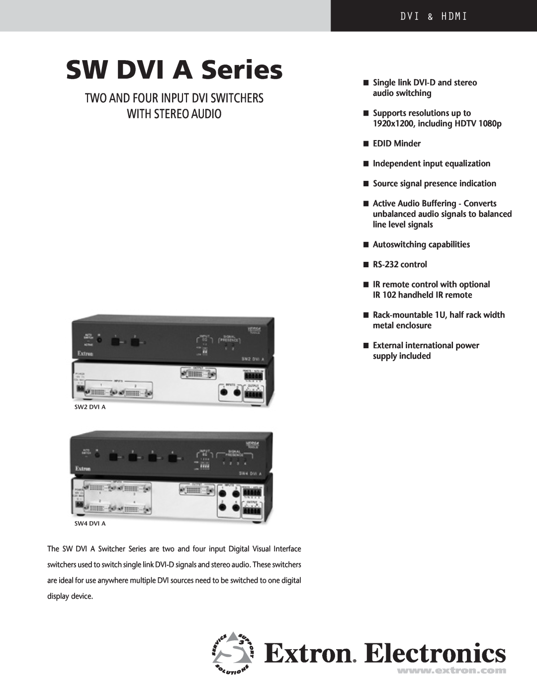 Extron electronic SW4 DVI A manual Two and four input dvi switchers with stereo audio, SW DVI A Series, Dvi & Hdmi 