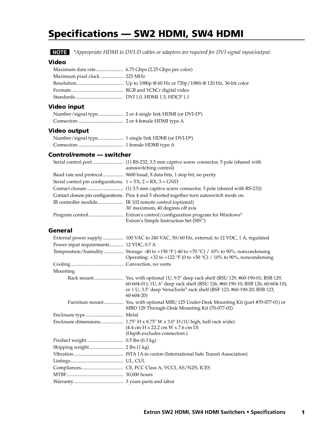 Extron electronic SW4 HDMI specifications Specifications SW2 HDMI, SW4 Hdmi 